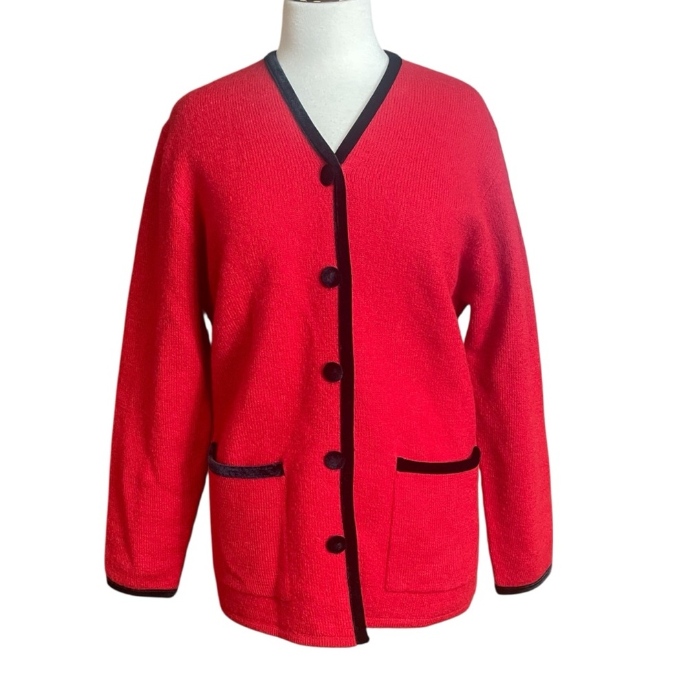 Pendleton vintage virgin wool red cardigan with black velvet trim medium
